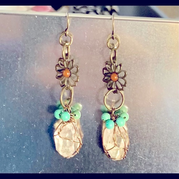 Quartz & Turquoise Brass Flower Earrings - Picture 2 of 13